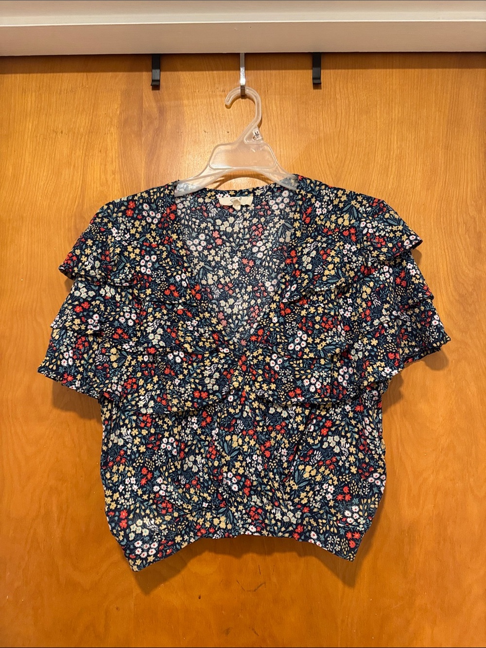 Easel Navy Floral Ruffle Faux Wrap Cropped V-Neck Blouse
